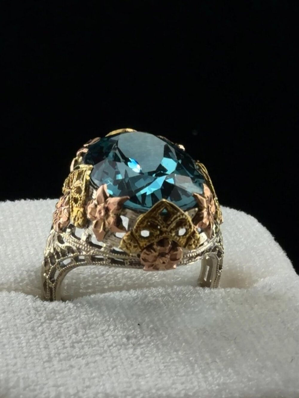 Vintage 14K Tri-Color Gold Oval Blue Spinel Floral Cocktail Ring 16x12mm Estate - Picture 2 of 13